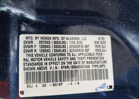 2004 Honda Odyssey Ex-L из США, поврежденный, VIN 5FNRL18904B001048